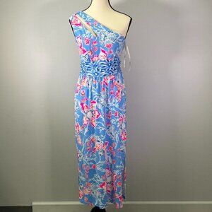Lilly Pulitzer Blue and Pink One-Shoulder Midi Dress